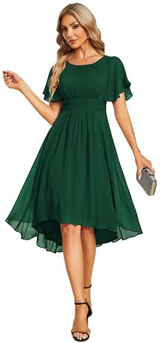 Ever-Pretty Women's Chiffon Prom Dresses Crew Neck Pleated Waist Short Sleeve Wedding Guest Dress Dark Green 12UK