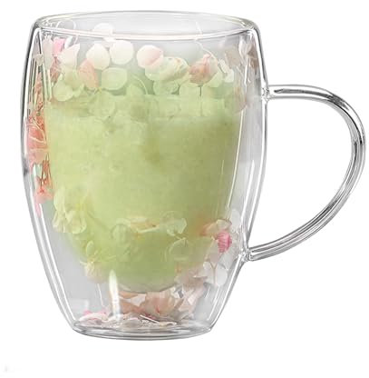 Verres à café à double paroi avec anses 350 ml Tasse en verre à double paroi avec fleurs séchées Double verre Verres à café Tasse à fleurs Tasse à fleurs pour lait, expresso, latte