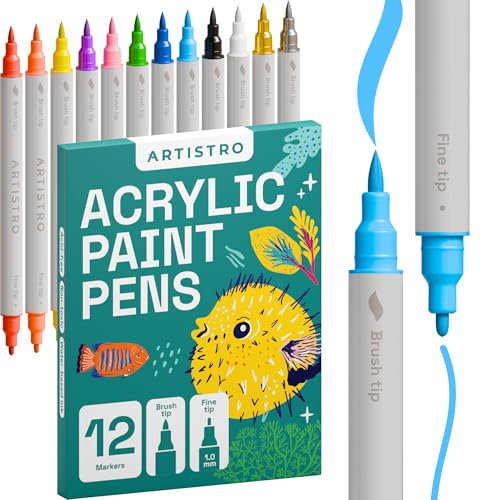 Artistro Acrylfarbenstifte, Kunstset, Acrylfarbenmarker mit Doppelspitze, Acrylmarker für Stoff, Leinwand, Stein, Glas, Holz, Papier, Heimwerken (Doppelspitze + fein, 12)