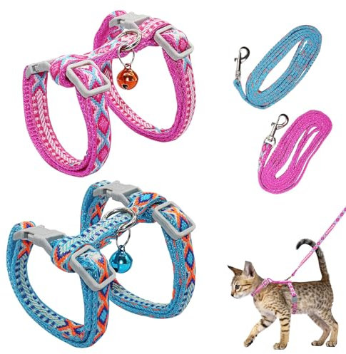 2pcs Verstellbare Geschirre Katzenleine Set, Nylon Geschirre Katzenleine, Geschirr mit Leine für Kätzchen,Kätzchen HaustiereKatzengeschirr Katzengeschirr mit Leine Ausbruchsicher(Hellblau&Rosa)