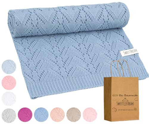 Mikos* 100% Bio-Baumwoll Leichte Babydecke - Ajourmuster - Perfekt für Sommer & Frühling - Strickdecke für Babys, Kinder und Neugeborene Hypoallergen 80x100cm (28) (Blau)