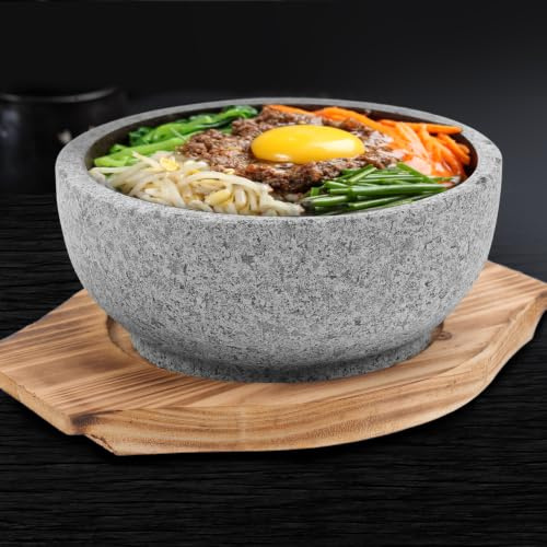 Cabilock Bol Bibimbap Coréen 20oz - Dolsot en Pierre Naturelle avec Base Bois, Bol Chaud Résistant Chaleur, Cuisine Coréenne et Asiatique, Cadeau pour Amateur