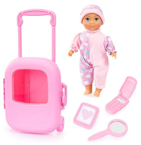 Bayer Design 92805AC Puppe mit Trolley und Zubehör, Spielset, Puppenzubehör, Koffer zum Schließen und Ziehen