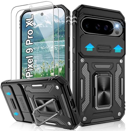 Jshru for Google Pixel 9 Pro XL Case with 2 Pack Screen Protector,Shockproof Protective Case with Slide Camera Cover,Ring Stand Phone Cover for Google Pixel 9 Pro XL 6.8,Black