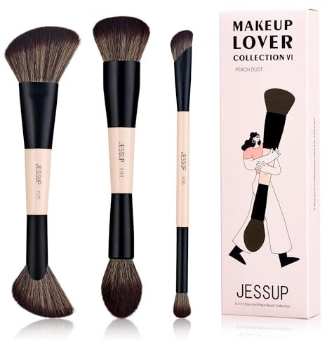 Jessup Pinceaux Maquillages Visage, 6 en 3 Set Pinceau Maquillage Double Embout pour Fond de Teint,Contour,Fard à joues,Surligneur et Poudre,Synthétiques Pinceaux Maquillage Visage,Peach Dust T508