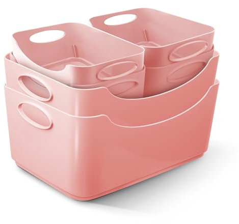 KEPLIN Plastic Studio Basket - Container Boxes for Storage Organising in Home or Office - Suitable for Shelfs Drawers Laundry Cupboard (Pink, Set of 6)