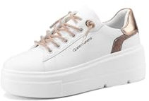 QUEEN HELENA Baskets à lacets pailletés Platform Femme X31-13, Blanc et or., 40 EU