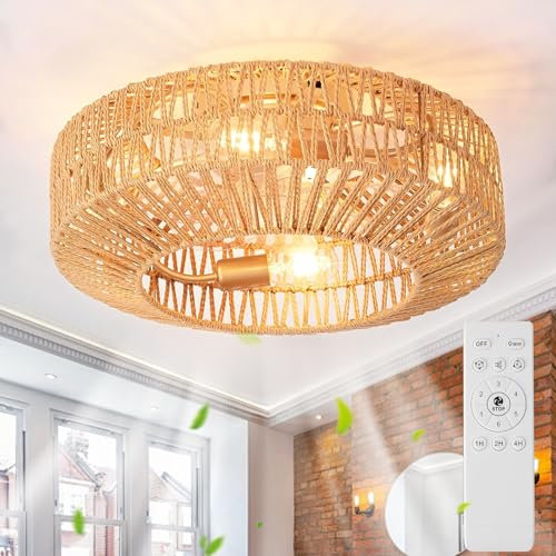 Ventilador De Techo Con Iluminación Y Mando A Distancia E27 Retro Cuerda De Cáñamo Luz Ventilador Silencioso 6 Velocidades Reversible Motor Luz Con Ventilador Para Salón Dormitorio Comedor, 50cm