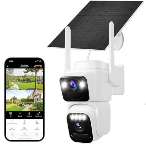 COOHILIGH Dual Lens Dual Screen 2K Solar Security Camera Wireless Outdoor 360° View Battery Powered Camera with Spotlight Color Night Vision, PIR Sensor WiFi Home Security System