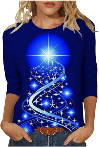 Damen-Top, Winter, Weihnachten, bedruckt, Rundhalsausschnitt, 3/4-Ärmel, Pullover, Top, lockere Passform, Tunika, Bluse, lässig, bequem, täglich, leicht, T-Shirts für den Außenbereich, 021#Blue, XL