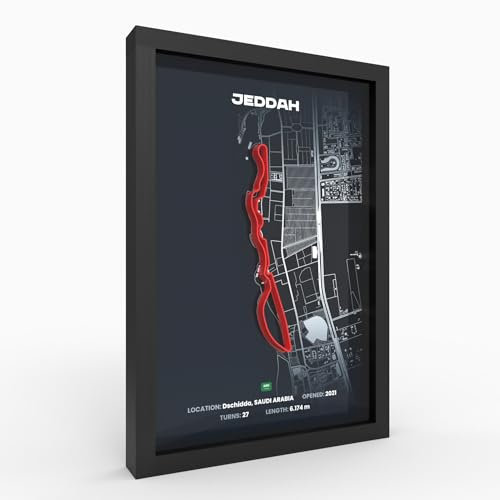 Jeddah 3D Motorsport A4 Poster im Holzrahmen I Hochwertiger 3D Druck I 2000dpi I 280g Papier I 3D Rennkunst als Deko für Wand, Büro & deinen Schreibtisch oder als Geschenk I Rennstrecken Poster