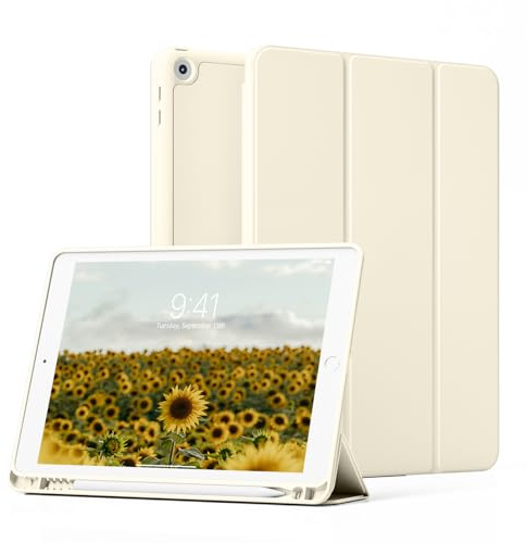 ZKTUYU Hülle für iPad 9. / 8. / 7. Generation mit Stifthalter 10.2 Zoll Modell 2021/2020/2019, Ultradünne Schutzhülle aus TPU mit Standfunktion für iPad 10,2 Zoll, Auto Wachen/Schlafen, Cremeweiß