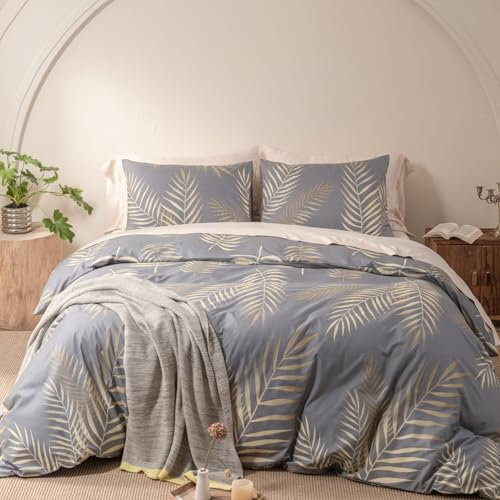 Gezu Bettwäsche 135x200 Grau Hellgrau Gold Blätter Muster Bettbezug 2Teilig Microfaser Botanisch Palmenblätter Bettbezug 135x200 Weich Bettwäsche Set Reißverschluss und Kissenbezug 80x80,Blätter Motiv