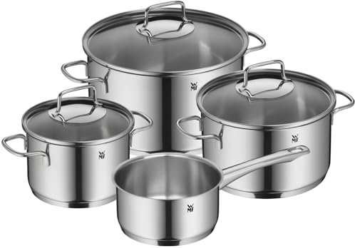 WMF Astoria - Batería de Cocina de 4 Piezas, Ollas Altas con tapas (16/24 cm), Olla baja con tapa (20 cm), Cazo (16 cm), Cromargan Acero Inoxidable pulido, Apto para Inducción