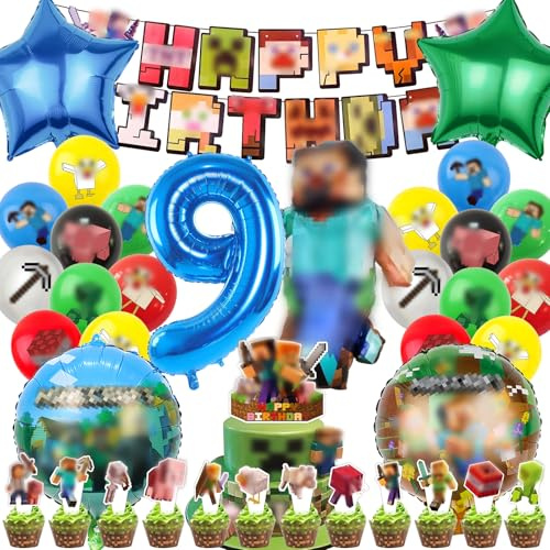 IRONIUM 48 Stück Pixe Geburtstagsdeko 9 Jahre Junge, Videospiel Luftballons Geburtstag Party Set, Party Deko Ballon Set für Kinder (9)