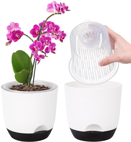 2er-Set Orchideentopf, 14,7 cm Doppelschicht-Design – Transparenter Selbstbewässerungstopf mit Übertopf, Orchideen-Bewässerungssystem, Blumentopf für Orchideen(Weiß)