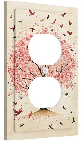 Spring Blossom Light Switch Cover Plate/Outlet Covers, Peach Tree with Birds for Wall Decor, Outdoor-Inspired Wall Plates, Standard Size Single Duplex Outlet