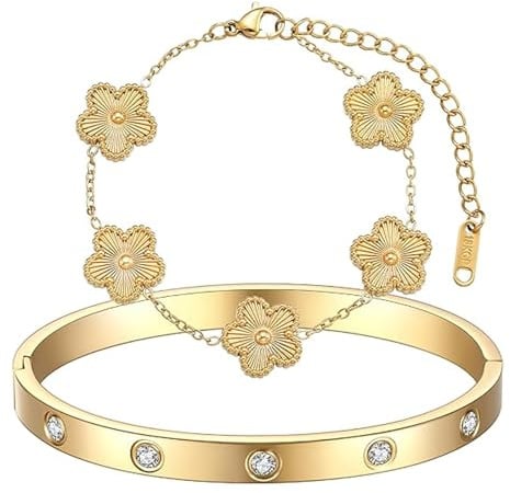 CHAOTEMAI Bracelets Trefle, Bracelet Trefle 4 Geuilles Femme Bracelet Trèfles Porte-Bonheur Plaqué Or 18 Carats Pour Mariages Anniversaires Fêtes Et Cadeaux Chanceux, Saint-Valentin Noël Fête