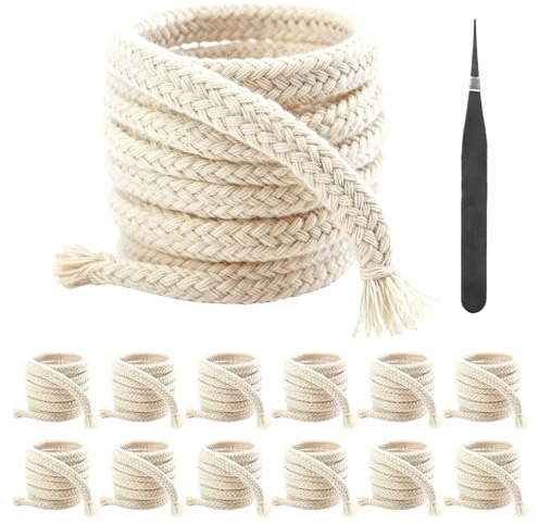 12 Rollen Docht Kerzendochte für Kerzen, 6 mm x 1 Meter Ersatzdocht für Öllampen, Baumwolle Öllampendocht, Zuschneidbar Ersatzdocht für Gartenfackel Lampendocht Öllampe, mit Pinzette