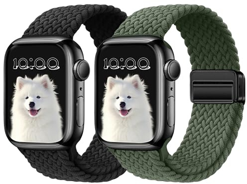 MokaZii 2 Pack Tressé Bracelet pour Apple Watch 46mm(Series 11/10) 45mm 44mm 42mm 49mm, Nylon Magnétique Élastique Bracelets pour iWatch SE 3 Series 11 10 9 8 7 6 5 4 3 - Noir + Vert