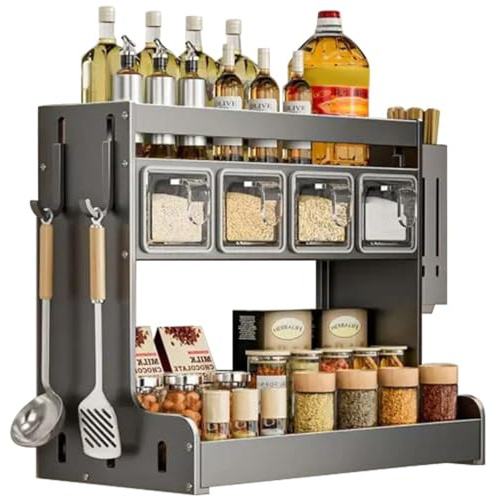 FUELIX Gewürzregal Mit Gewürzdosen, Gewürzregal Wand, Gewürzgläser Mit Regal, Schüttenregal Küche, Gewürzschrank, Gewürzständer, Gewürz Organizer Für Küchen Arbeitsplatte Schrank 4 Boxes