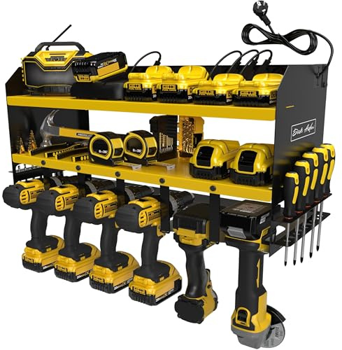 Toolganize Elektrowerkzeug-Organizer, Gelb | Mit Steckdosenleiste & Ladestation, Schwerlast-Werkzeughalter, Für Werkstatt & Garage, 6-fach Halterung