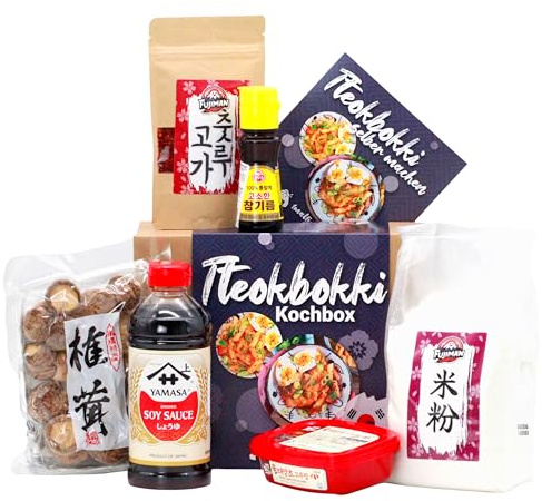 Tteokbokki Kochbox für koreanische, scharfe Reiskuchen Topokki (für 4 Portionen, 7-teilige DIY Set, inkl. Anleitung), vegan, Geschenkidee | mit Reismehl, Gochujang und Gochugaru