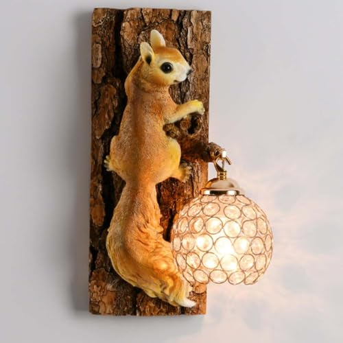 OOWDMPE Vintage Wandleuchte Eichhörnchen Design Retro E27 Wandlampe Innen Kristall Lampenschirm+Kunstharz Tiere Wandbeleuchtung Dekorative Wandlicht für Wohnzimmer Schlafzimmer Kinderzimmer Flur (B)