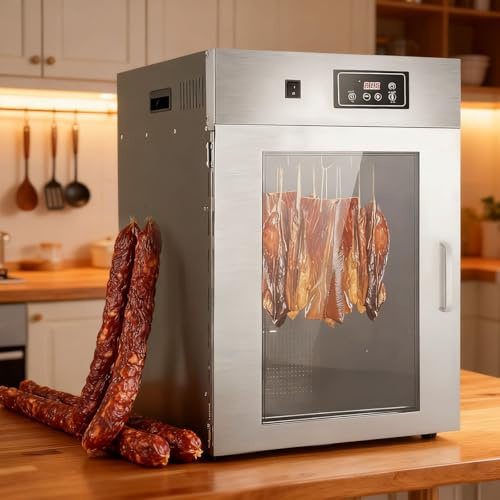 moupeaktain Gewerblicher Dry Aged Reifeschrank Mit 360°-Drehfunktion, Edelstahl-Fleischtrockner, 24-Stunden-Timer Und Einstellbarer Temperatur (30-90℃) Für Die Fleischreifekammer, 7.5kg