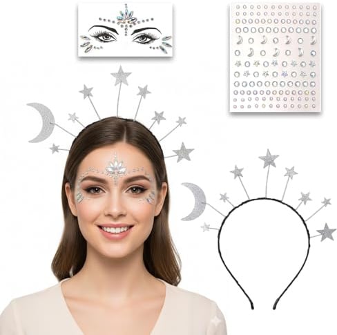 3-teiliges Set: Haarreif Mond & Sterne + Gesichtstattoo & Glitzersteine – Galaxy Kostüm Damen & Mädchen – Silber Weltraum Haarschmuck & Face Gems für Fasching, Karneval, Festival & Space Party (A)
