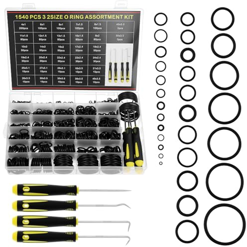 QWORK® 1540 Stück O-Ringe Sortiment Kit, 32 Größen (4mm-50mm) Gummi Dichtungsringe Set mit 4 Hakenwerkzeugen, für Kfz, Sanitär, Hochdruckreiniger & Werkstatt Reparatur