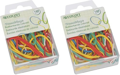 Westcott Rubber Bands 100 Pieces | Colourful rubber rings in various sizes in a handy plastic container | Storage pack of household rubber bands ⌀ 20mm - 70mm | E-10582 00 (Pack of 2)
