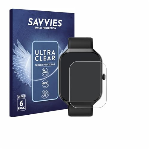 Savvies 6 Stück Schutzfolie für Matast Smartwatch 1.96 | Transparenter Displayschutz Made in Germany, Ultra-Klar Displayschutz-Folie