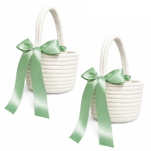 2 Stück Baumwolle Blumenmädchen Korb mit Henkel & Satin Schleife, Hochzeitskorb für Blumenmädchen, Handgeflochtene Blumenkörbe, für Hochzeit, Brautzeremonie, Rustikal & Klassisch