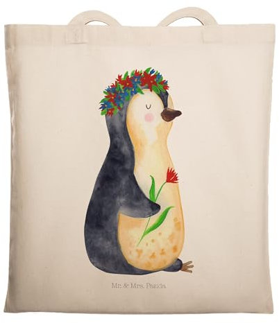 Mr. & Mrs. Panda Tragetasche Pinguin Blumen - Geschenk, Wünsche, Schultertasche, Blumenkranz, Leben, Jutebeutel, Strandtasche, Motivation, Universum,