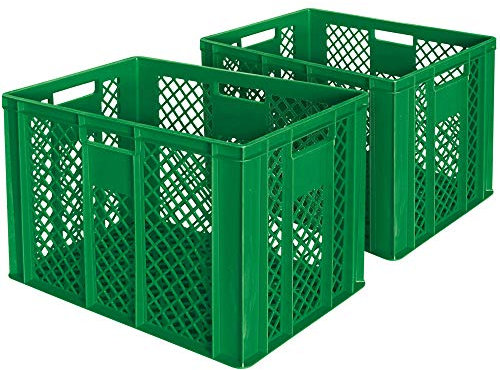 BRB 2x Eurobehälter/Bäckerkiste, LxBxH 600x400x410 mm, lebensmittelecht, Boden und Wände durchbrochen, grün