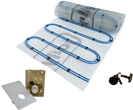 Dünnbett Warmwasser Fußbodenheizung HoWaTech Duo Komplett Set 2,5-20m² Doppelrohr Heizmatte 80 W/m² und Regelbox SI-RTL, Heizfläche:5.00m²