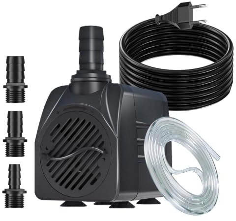 Knifel Springbrunnenpumpe 25W 1500L/H mit 3m extra langem Kabel | Förderhöhe 2m, 1.5m Schlauch, durchflussregulierbar, ultra leise, Überhitzungsschutz für Aquarium, Garten, Brunnen, Teich