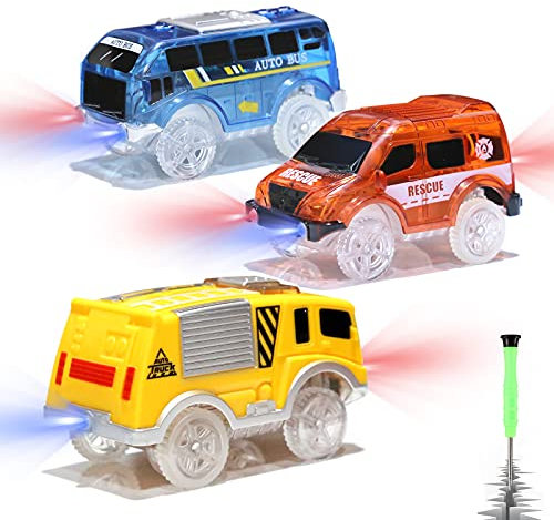 Save Unicorn Tracks Cars only Replacement, Race Cars for Tracks Glow in The Dark, Racing Car Track Accessories with 5 Flashing LED Lights, Compatible with Most Tracks for Kids Boys and Girls(3pack)