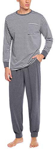 Sykooria Herren Schlafanzug lang mit Bündchen aus Baumwolle Zweiteiliger Pyjama Herren lang, Langarm Shirt & Schlafanzughose, Hellgrau XL