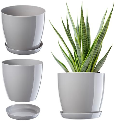KADAX Blumentopf, Pflanzkübel mit Untersetzer, runder Blumenkübel für Innen, eleganter Pflanztopf aus Kunststoff, Übertopf für Blumen, Pflanzen, Haus, leichtes Pflanzgefäß (Ø 14 cm, Grau)