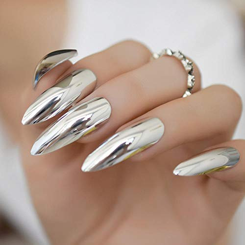 CSCH False Nails Extra Long Stiletto Mirror False Nails Silver Beautiful Shape Designer Press On Nails Colored Artificial Nail Tips 24 Ct