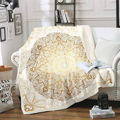 Boho Mandala Decke 220x240cm Schickes Kuscheldecke böhmischen Stil für Teenager Luxus Golden Weiß Mandala Dekor Wohndecke Exotisches Blumenmuster Flanell Fleecedecke
