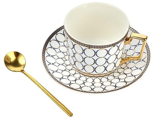 European Style Cup Tea Cup and Saucer Set,8.5oz/250ml Bone China Coffee Tea Cups with Saucer and Golden Spoon (White)
