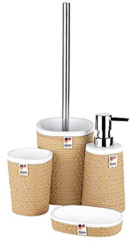 URBNLIVING 4pc Brown Rope Wrap Ceramic Bathroom Accessory Dispenser Toilet Brush Set (One Of Each)