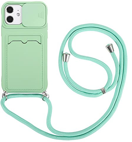 Crossbody Necklace Phone Cases Compatible with Apple iPhone 12 Mini Case Slide Camera Lens Protector Cover with Card Slort and Lanyard Cord Strap Soft Flexible TPU Bumper Shockproof Shell(Green)