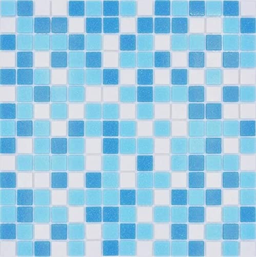 Piastrelle a mosaico in vetro classico, mix di vetro, bianco e blu, incollate su carta, mosaici per piscina MOS210-323P_f