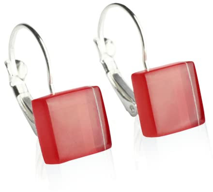 Hängende Ohrringe kirschrot • Nickelfreie Ohrhänger Silber • Hängeohrringe mit Verschluss • Nachhaltiger Ohrschmuck • Schmucksteine: 10mm x 10mm x 3mm