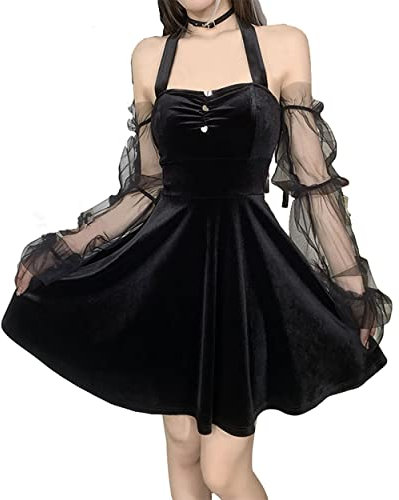 Goth Retro Court Lace Lantern Long Sleeve Hollow-Out O Neck Pure Black Temperament Velvet Midi Dresses XL