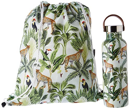 NERTHUS FIH 959 SET Botella Doble Pared Sport + Mochila, Diseño Selva, Botella de 750 ml con Asa